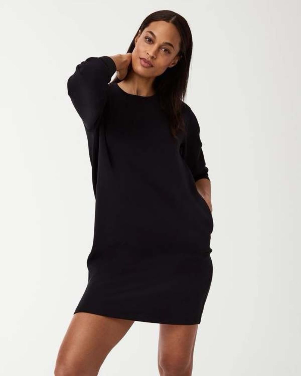 SPANX AirEssentials Black Crewneck Long Sleeve Shift Mini Dress Pockets XL